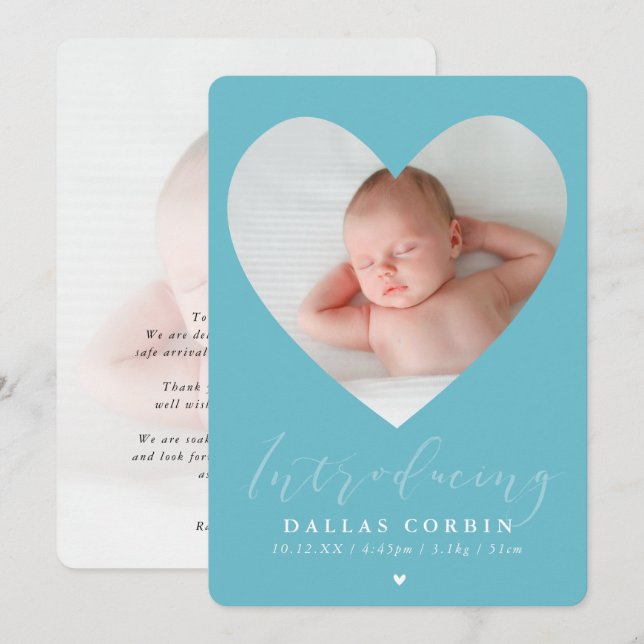 BABY BOY introducing photo cute heart frame aqua Invitation (Front/Back)