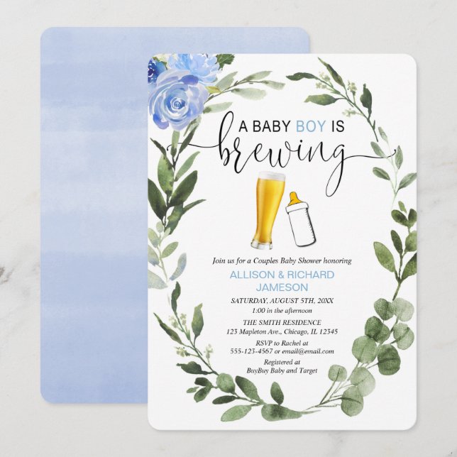 Baby Boy is Brewing greenery couples baby shower Invitation (Front/Back)