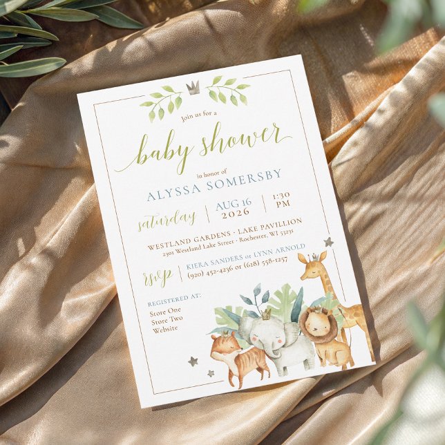 Baby Boy Jungle Safari Animals Blue Green Shower Invitation (Cute watercolor wild jungle safari zoo animals tropical greenery crown blue green baby boy shower)