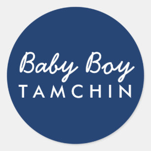 Baby Boy Last Name Baby Shower Sticker-Blue White Classic Round Sticker