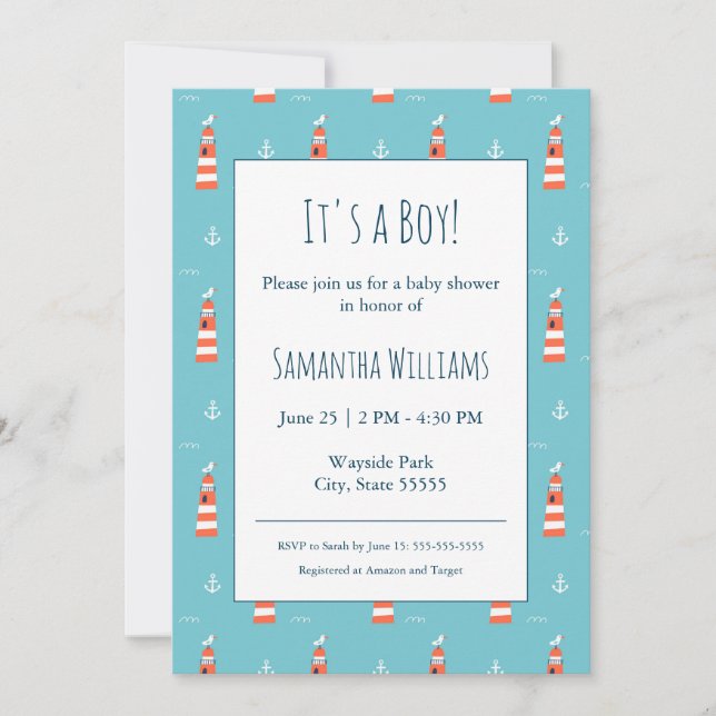 Baby Boy Lighthouse and Anchor Pattern on Blue Invitation (Front)