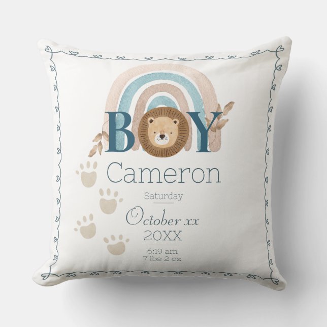  Baby Boy Lion Custom Name and Birth Details Cushion (Front)