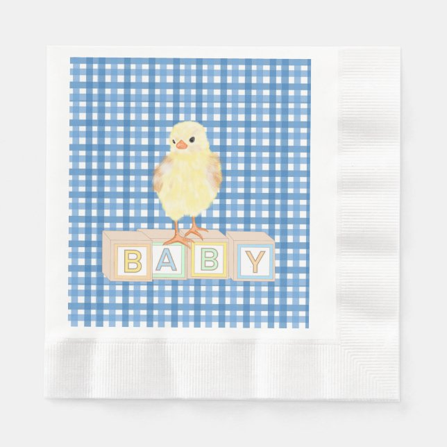 Baby Boy Little Chick Blue Gingham Napkin (Front)