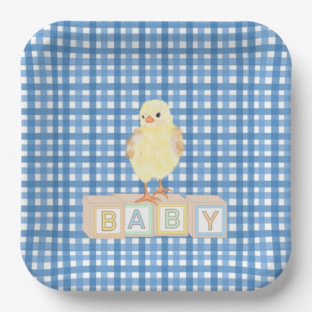 Baby Boy Little Chick Blue Gingham Paper Plate (Front)