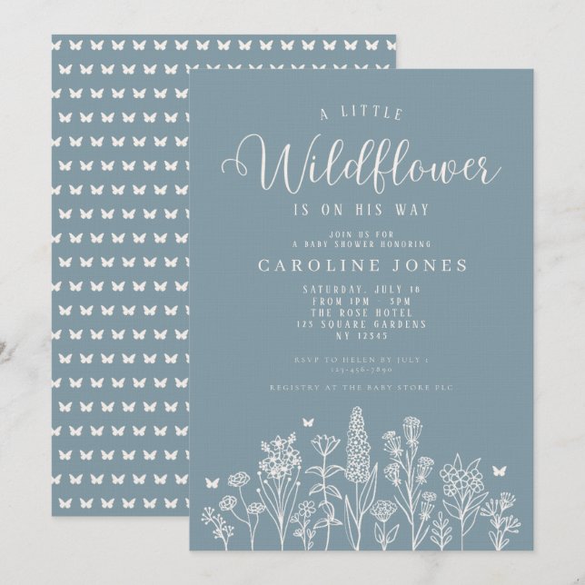 Baby Boy Little Wildflower Blue Baby Shower Invitation (Front/Back)