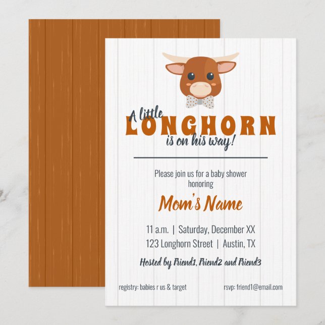 Baby Boy Longhorn Burnt Orange Baby Shower Invitation (Front/Back)