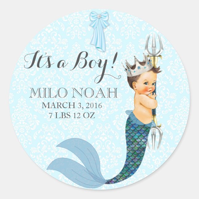 Baby Boy Merman Merboy Prince Crown Classic Round Sticker (Front)