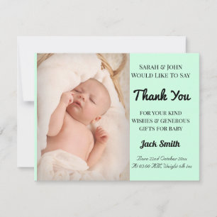 Baby Boy Mint Birth Announcement Thank You Card