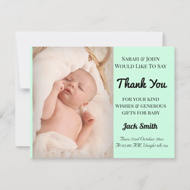 Baby Boy Mint Birth Announcement Thank You Card (Front)