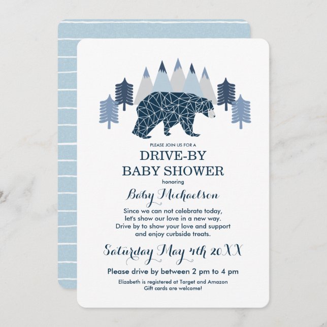 Baby Boy Modern Bear Drive By Baby Shower Invitation (Front/Back)