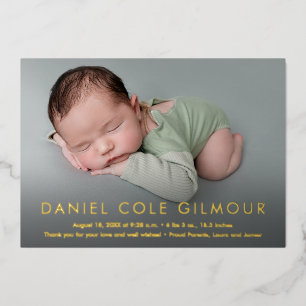 Baby Boy Modern Name Custom Birth Stats Photo Gold Foil Holiday Card