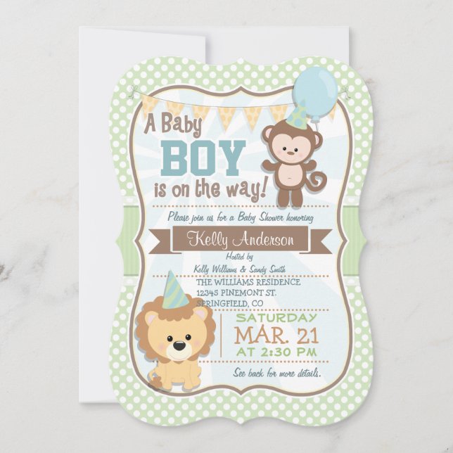 Baby Boy Monkey & Lion, Pastel Baby Shower Invite (Front)