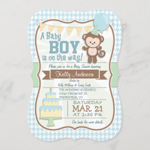 Baby Boy Monkey, Pastel Baby Shower Invite