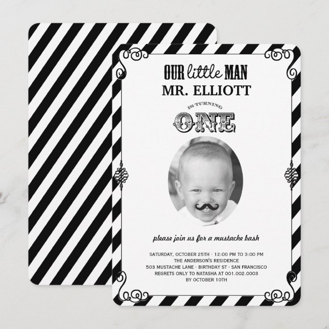 Baby Boy Moustache 1st Birthday Party Photo Invite (Front/Back)