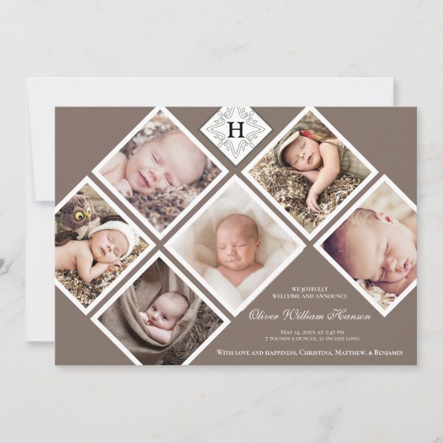 Baby Boy Multi Photo Neutral Monogram Announcement (Front)
