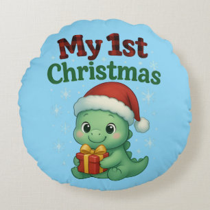 Baby Boy My 1st Christmas Dino Round Cushion