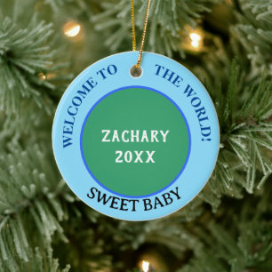 Baby Boy Name Announcement Earth Green Blue Ceramic Tree Decoration