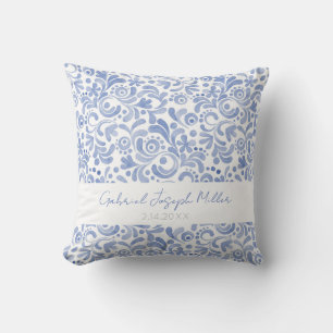 Baby Boy NAME BIRTHDATE Blue Watercolor Keepsake Cushion