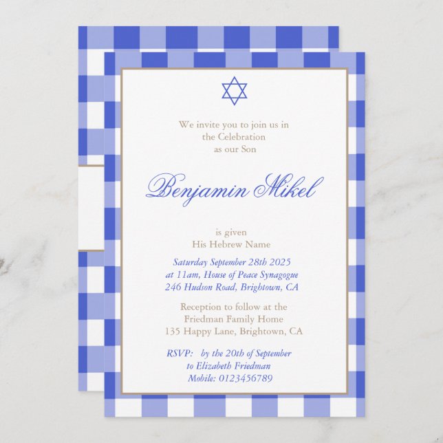 Baby Boy Naming Ceremony Hebrew Jewish Blue Invitation (Front/Back)