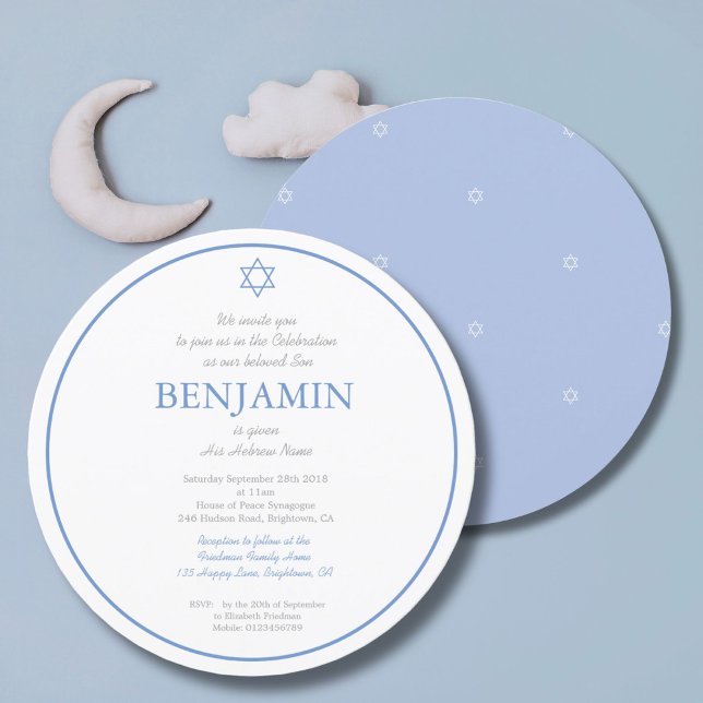 Baby Boy Naming Ceremony Hebrew Jewish Round Invitation (Creator Uploaded)