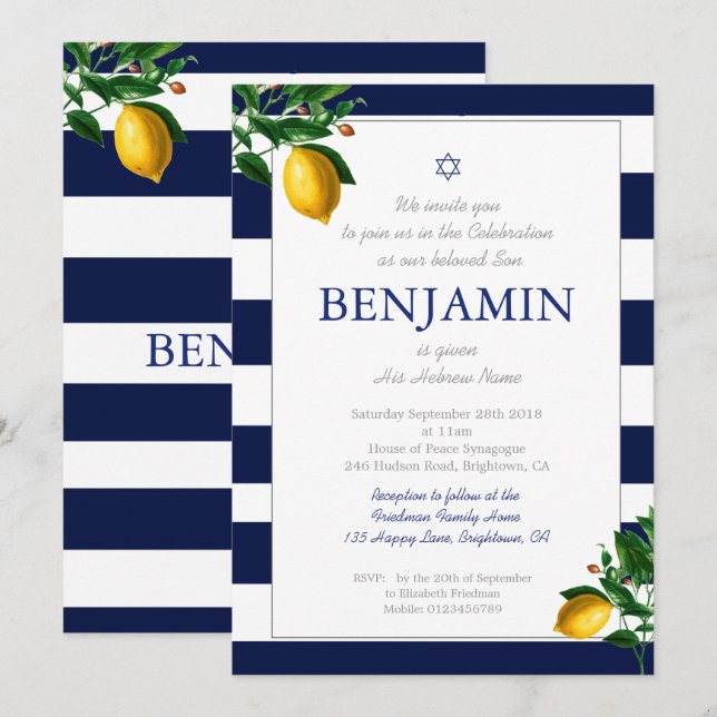 Baby Boy Naming Ceremony Lemons Blue Jewish Hebrew Invitation (Front/Back)