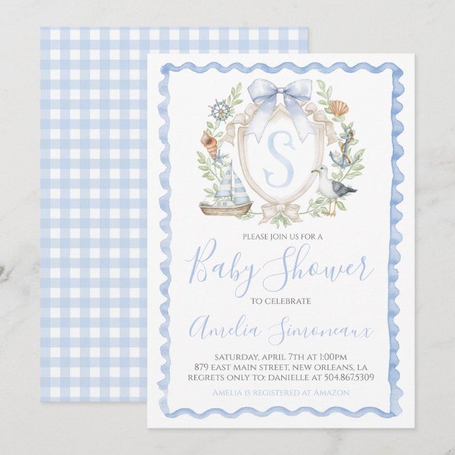 Baby Boy Nautical Shower Preppy Blue Sailing Invitation (Front/Back)