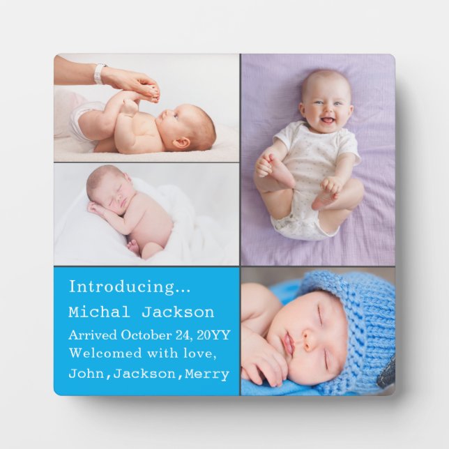 Baby Boy Newborn Photo Birth Announcement Blue  Plaque (Front)