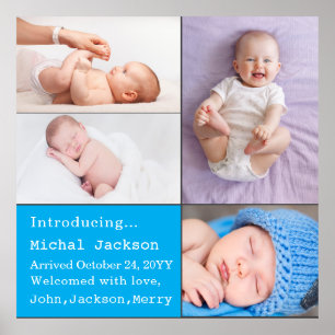 Baby Boy Newborn Photo Birth Announcement Blue  Poster