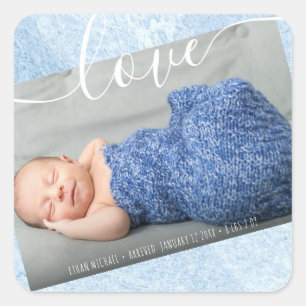 Baby Boy Newborn Photo Birth Announcement Blue Square Sticker