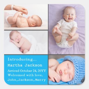 Baby Boy Newborn Photo Birth Announcement Blue  Square Sticker