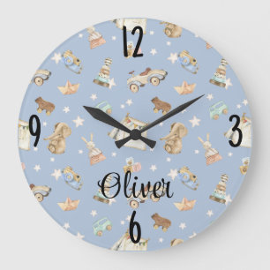 Baby Boy Nursery Watercolor Vintage Toys 10-in Large Clock