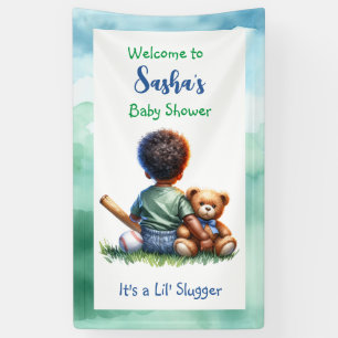 Baby Boy of Colour with his Teddy Bear Baby Shower Banner