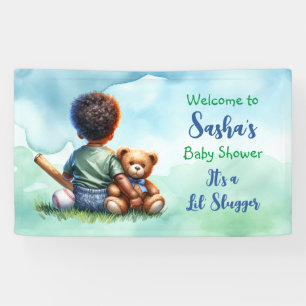 Baby Boy of Colour with his Teddy Bear Baby Shower Banner