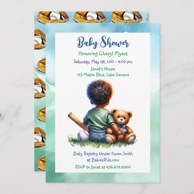 Baby Boy of Colour with his Teddy Bear Baby Shower Invitation (Front/Back)