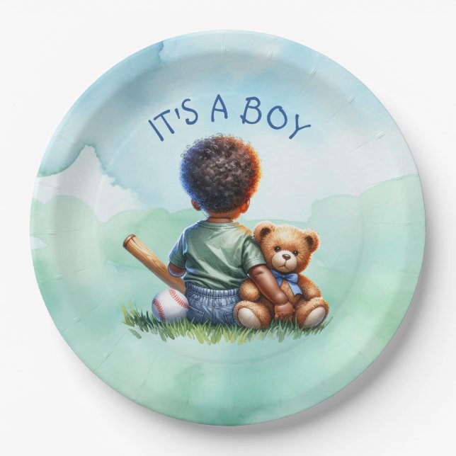 Baby Boy of Colour with his Teddy Bear Baby Shower Paper Plate (Front)