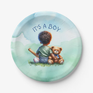 Baby Boy of Colour with his Teddy Bear Baby Shower Paper Plate