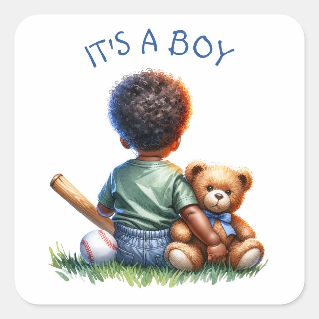 Baby Boy of Colour with his Teddy Bear Baby Shower Square Sticker (Front)
