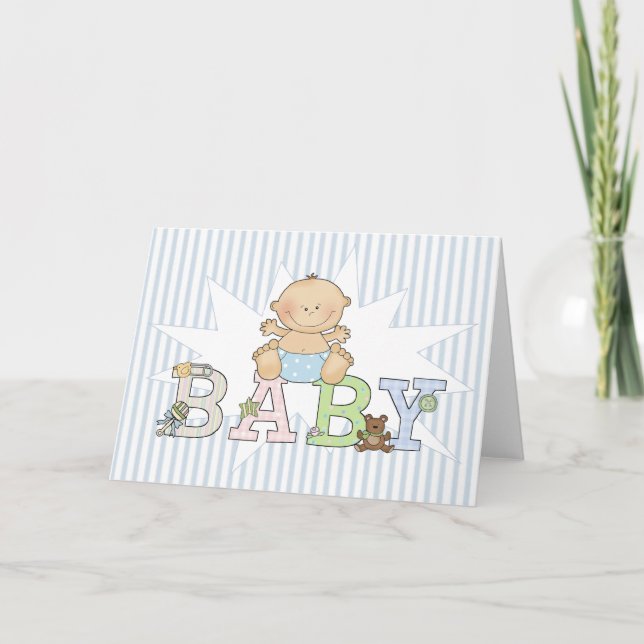 Baby Boy on Blue Striped Background Blank New Baby Announcement (Front)
