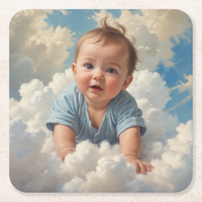 Baby Boy on Cloud Square Paper Coaster (Front)