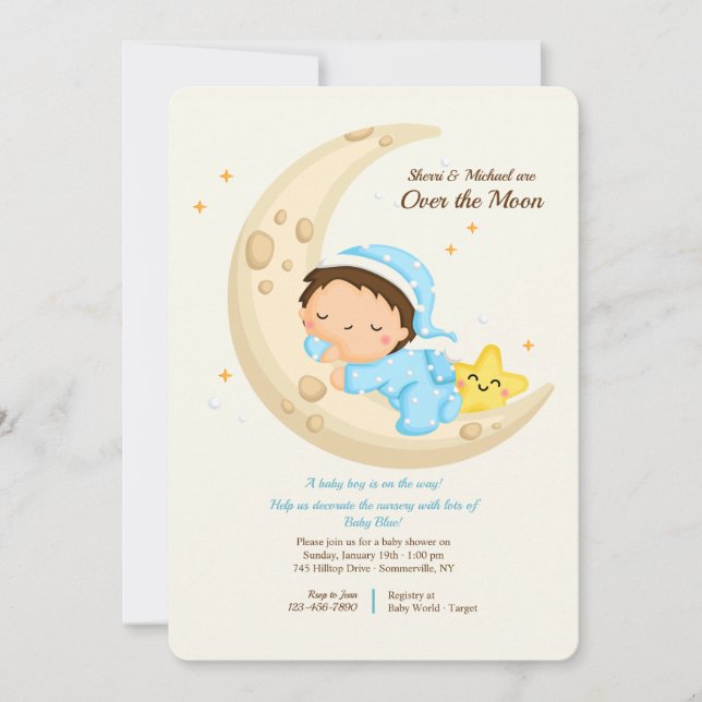 Baby Boy Over the Moon Baby Shower Invitation (Front)