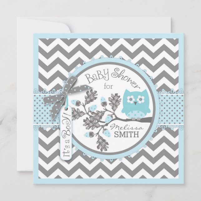 Baby Boy Owl Chevron Print Baby Shower Invitation (Front)