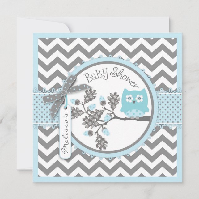 Baby Boy Owl Chevron Print Baby Shower Invitation (Front)