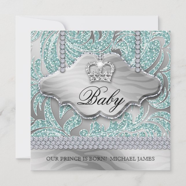Baby Boy Party Invite Blue Crown Jewellery Leaves (Front)