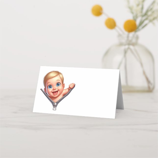 Baby Boy Peeking Baby Shower White Thank You   Place Card (Front)