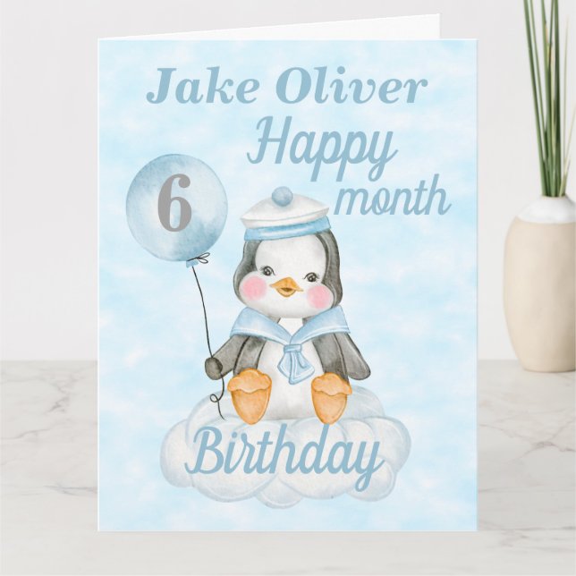 Baby Boy Penguin 6 Month Birthday Big Card (Front)