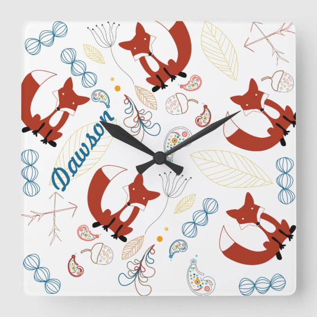 Baby Boy Personalise Modern Fox  Woodland Pattern Square Wall Clock (Front)