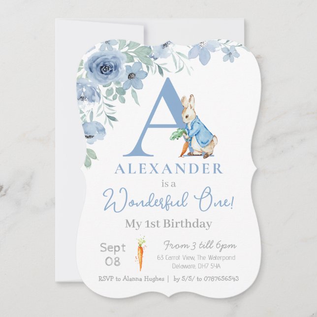 Baby boy peter rabbit 1st birthday, blue monogram invitation (Front)