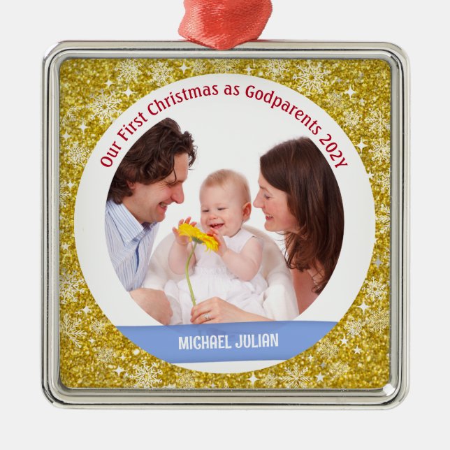 Baby Boy Photo 1st Christmas As Godparents Golden Metal Tree Decoration (Front)