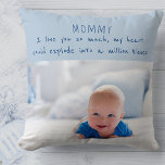 Baby Boy Photo and Adorable Message to Mum Cushion<br><div class="desc">Adorable baby photo pillow for you to personalise with your own photos. The pillow has cute wording which reads "Mummy I love you so much my heart could explode into a million kisses". The template is set up for you to add a photo to the front and the back. You...</div>
