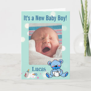 Baby Boy Photo Announcement blue Teddy Bear Theme
